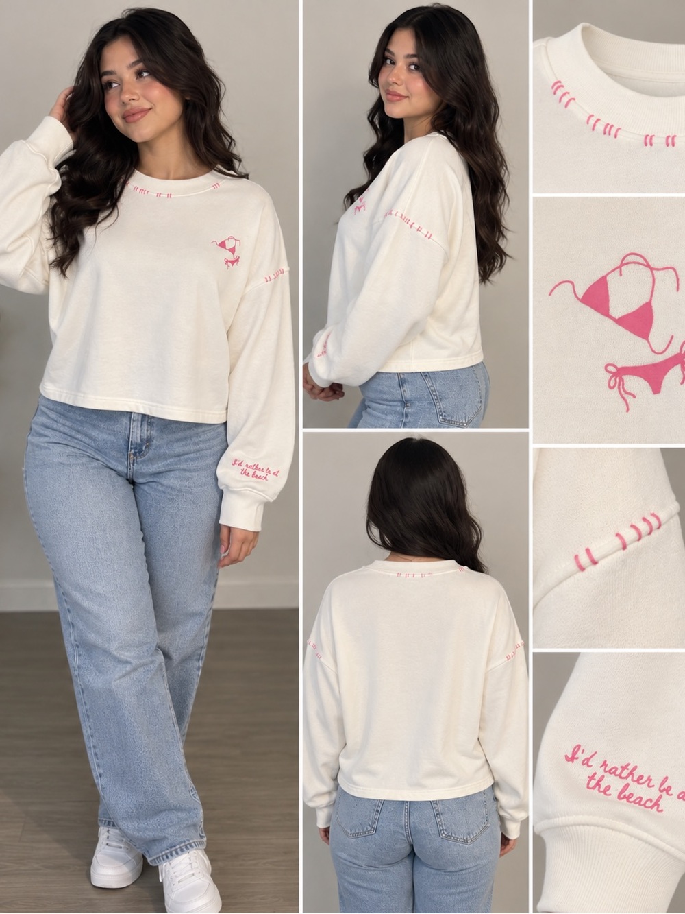 wild fable Cream Cropped Sweatshirt with Pink Beach Stitching